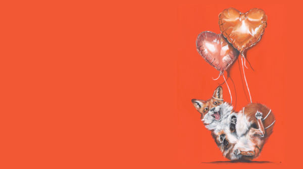 Whimsical fox illustration with heart-shaped balloons