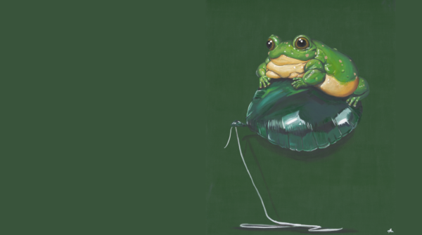 Whimsical frog illustration on a dark green background