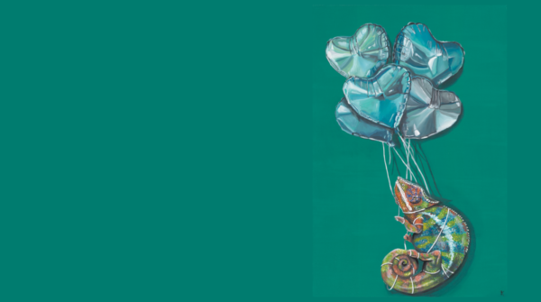 Whimsical lizard illustration with a blue balloon